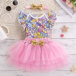 Ropa, niña para niños de bebé, flor elegante y linda, con estampado completo, manga voladora pequeña, mono, arco, media falda, accesorio de cabello