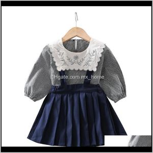 Kleding baby kinderen moederschap drop levering 2021 lente kleding meisje set schaak riem top kind pak rok 2 3 4 t baby verjaardag sets kg18 nrrvg