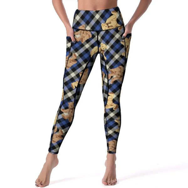 Ropa Oso Pantalones de yoga Bolsillos A cuadros Dibujos animados Osos marrones Leggings Sexy Push Up Elegante Yoga Medias deportivas QuickDry Entrenamiento Gimnasio Leggins