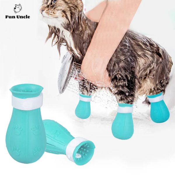 Vêtements chaussures de chat protecteur de griffes bain anti-rayures réglable en Silicone pour animaux de compagnie chat bottes de lavage de bain patte de chat couverture d'ongles fournitures de toilettage pour animaux de compagnie