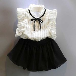 Kleding Kinderen Zomerkleding Sets Fashion Girls Casual mouwloos wit shirt en zwarte shorts Pakken Kinderen baby schattige boog outfits