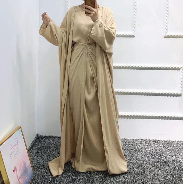 Vêtements ethniques Vêtements Kaftan Abaya Dubai Eid Abayas pour femmes 4pcs Muslim Set Linène Ténévain arabe Maxi Hijab Dress Wraph Jupe Kimono Fe