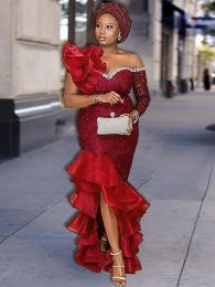 Kleding etnische kleding vrouwen formele jurken rode lange mouw dashiki Afrikaanse avondjurk luxe goud kanten vissenstaart bodycon event jurk bi