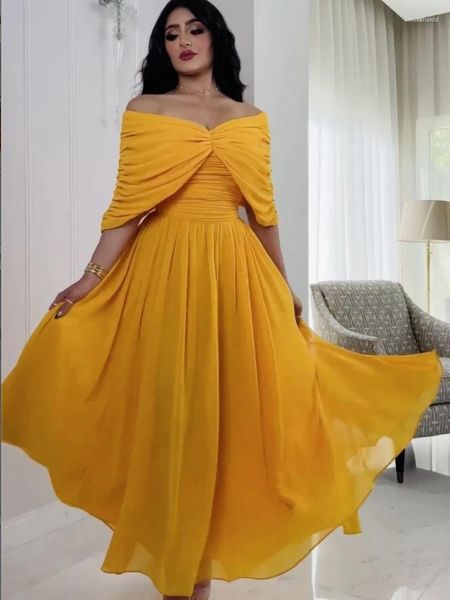 Vestimenta étnica Marruecos Mujeres Mujeres elegantes Color sólido Amarillo Vestidos largos Sexy V Neck Prom Chiffon Vestidos India Longue Largos es UE