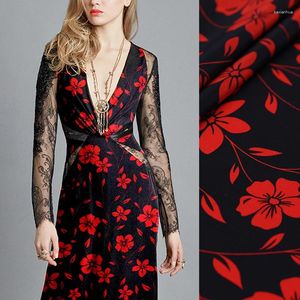 Tela de ropa 114CM de ancho 14MM naranja estampado floral fino crepé de China de seda negra para camisa de vestir de verano pantalones Cheongsam pijamas B148