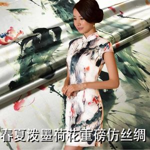 Kledingstof 150cm Elegante Stretch Gedrukt Hoge Imitatie Zijde Cheongsam Lotus Print Jurk Chinese Groothandel Doek