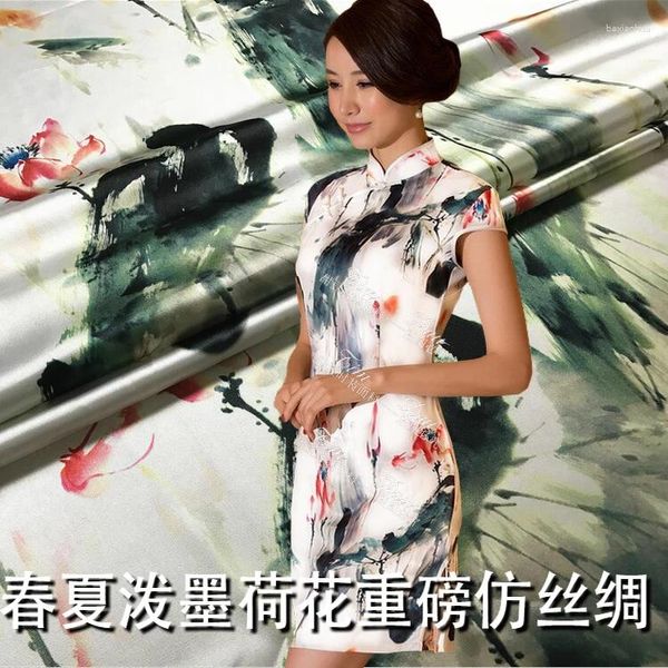 Tissu pour vêtements 150cm, élégant, extensible, imprimé, haute Imitation soie, Cheongsam, imprimé Lotus, robe chinoise, vente en gros