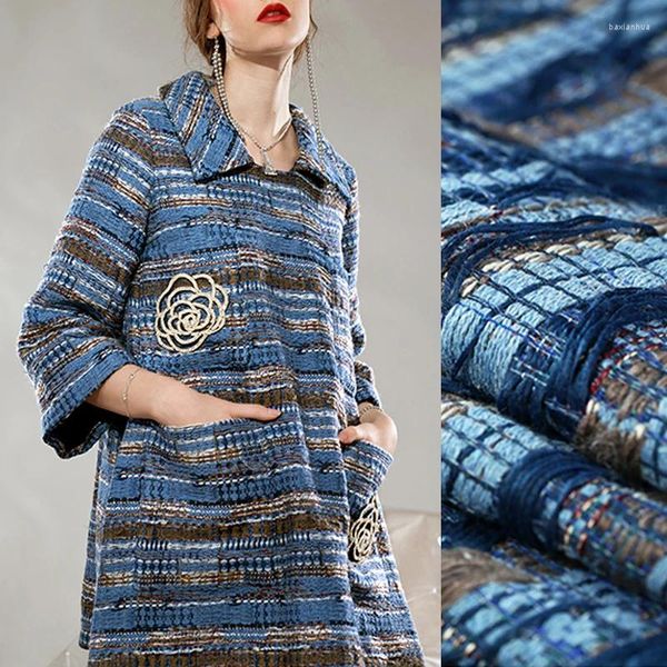 Tela de ropa 150 cm de ancho 520 g/m peso doble cara azul tejido algodón lana acrílico poliéster para otoño invierno abrigo chaqueta vestido E951