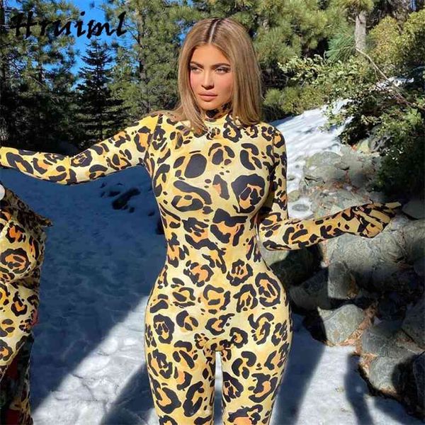 Ropa moda leopardo camuflaje mono para mujer manga larga flaco Casual Fitness chándal elegante cuerpo trajes 210513