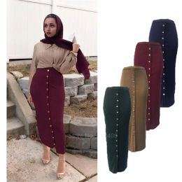 Vêtements Fashion Musulmane élégante jupe islamique Dubaï Turque Solie à moitié robe Femmes Hight Taist Buttons Party Long Maxi Islamic Vêtements