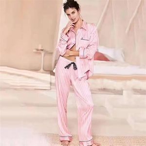 Kleding Mode Stijlvolle zomerpyjamaset Dames Lange mouw Gestreept Nachtkleding Pyjama Lente Satijn Zijde Lounge Wear Pj Pyjama Homewear 210