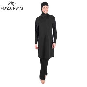 Vêtements Haofan Mode de bain modestes plus taille Femmes Burkini Beachwear Islamic Swim Wear Black Muslim Swimwear Cover Full Hijab Swimming 2pcs