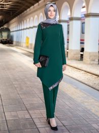 Vêtements musulmans 2 pièces sets Femmes Abaya Dubai Laceup Tops et Pantalon à jambes larges Kaftan Eid Pakistan Turquie Prière africaine Vêtements islamiques