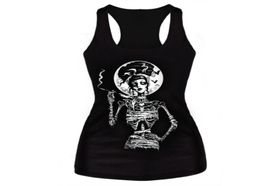Kleding Nieuw 2016 Women T -shirt Zwart Vest Tops 3D Print Ribs Skull Bone Camisole Gebreide polyester horror sexy tank top1320235