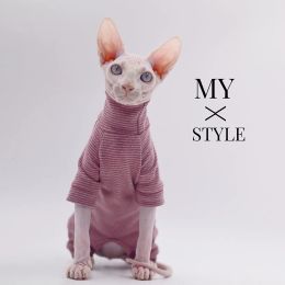 Vêtements Nouveaux vêtements de chat sans poils hiver chaud doux à quatre pattes à capuche à rayures pour chats Sphynx vêtements d'automne et d'hiver pour Devon Rex Cornish