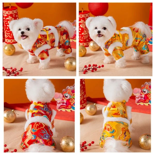 Vêtements pour animaux de compagnie nouvel an chinois rouge or Dragon chanceux nuage conception quatre pieds costumes Tang costume chats chiens extérieur chaud manteau vêtements pour animaux de compagnie