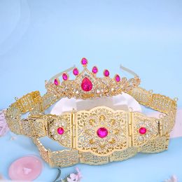 Kleding Roze Rhinestone Wedding Sieraden Set voor bruid Marokko Caftan Dress Belt Gold Compated Muslim Women Sieraden Luxe Bijoux