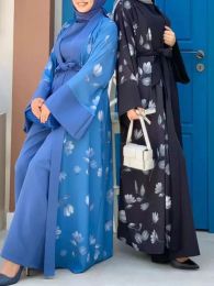 Vêtements Ramadan Two Piece Suit Muslim Rompers Femmes Dubaï Turquie Lace Up Abaya Jumps Pantalon de jambe large Kaftan Islamic Clothing Elegant
