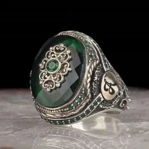 Vêtements Retro Handmade Men Ring Modèle Vintage Green Big Cz Stone Turkish Ring For Men Women Punk 2022 Fashion Religious Muslim Bijoux