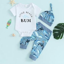Ensembles de vêtements 0-12 mois pour bébé garçons 3pcs tenue blanche manche courte o coude raleoire pantalon imprimé de baleine