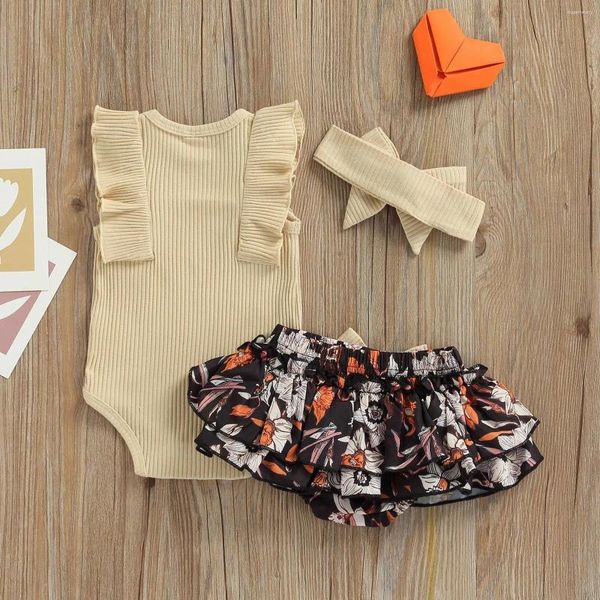 Conjuntos de ropa 0-18 meses Baby Girl 3pcs Color sólido Ruffle Ruffle Romper Romper Floral Impresión Tutú Diabarra Diadema