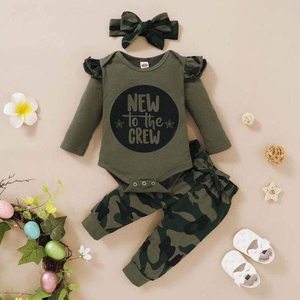 Conjuntos de ropa para bebé de 0 a 18 meses, ropa elegante con estampado de letras, trajes de camuflaje, Top y pantalones para niña, diadema con conjunto