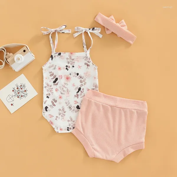 Conjuntos de ropa 0-18 meses Niña nacida Trajes de tres piezas Sin mangas Estampado floral Mameluco con cordones Pantalones cortos de color sólido Diadema decorativa