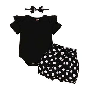 Kledingsets 0-18 maanden oud Baby Girl Set Zwarte korte mouwen Trappige kleding+Polka Dot Shorts+Hoofdband Pasgeboren Zomer Fashion 3-delige H240530 5ayo