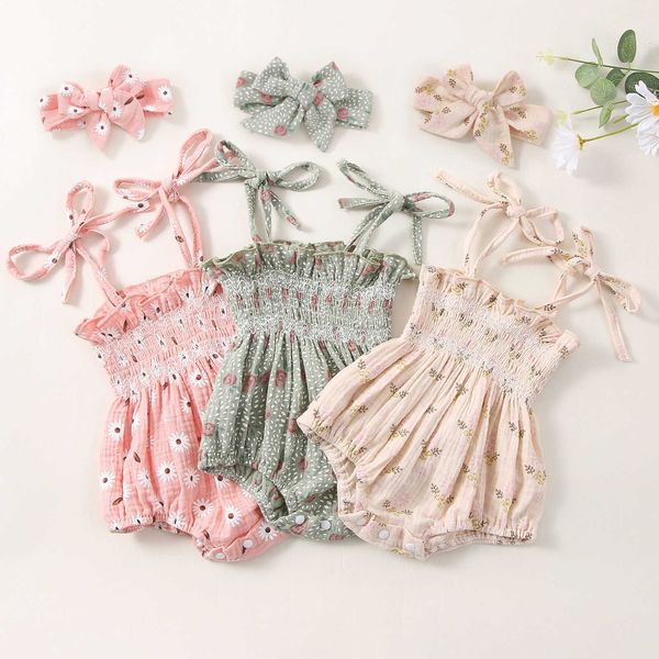 Conjuntos de ropa para niña de 0 a 18M, conjunto con diadema y estampado de flores, ropa sin mangas con lazo para el pelo