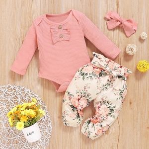 Conjuntos de ropa 0 18M Ropa para bebés Conjunto de ropa para niños pequeños Mameluco de punto Primavera Otoño Bebé nacido Traje lindo Volantes Pantalones de manga larga Diadema 3 piezas 221007