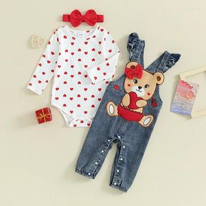 Ensembles de vêtements 0-18M bébé filles beaux vêtements ensemble coeur imprimé à manches longues barboteuse ours broderie denim pantalon salopette bandeau Valentine