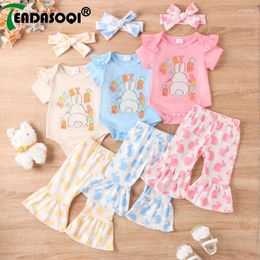 Ensembles de vêtements 0-18m Born Baby Girls Tenue d'été Impressions de dessins de dessins à manches courtes Bodys Bodys Top Flare Pantal Bandle Kids Infant 3pcs Set