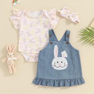 Kledingsets 0-18M Geboren babymeisjes Pasen-outfits Print Korte mouw Romper Denim algehele jurk Hoofdband Baby-zomerkleding