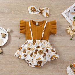 Ensembles de vêtements 0-18M bébé bébé fille tenues été ensemble pit bande manches volantes haut sangle jupe pantalon imprimé bande de cheveux vêtements mignons 3 pièces