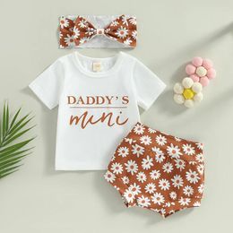 Ensembles de vêtements pour bébés filles de 0 à 18 mois, 3 pièces, t-shirt à manches courtes avec lettres imprimées, bandeau élastique à fleurs, bandeau