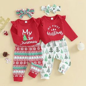 Ensembles de vêtements 0-18m Baby Girls Girls Christmas Tenues à manches longues avec pantalon imprimé d'arbre / flocon de neige.