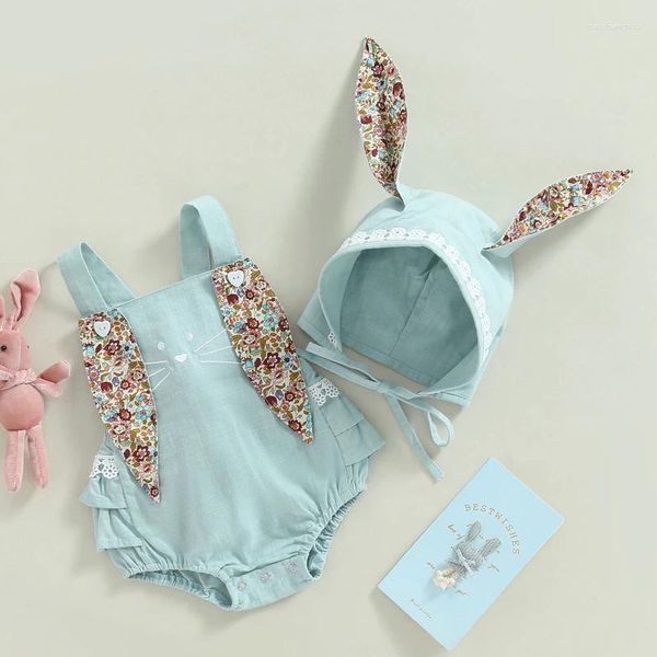 Ensembles de vêtements pour bébés filles de 0 à 18 mois, barboteuse d'été décontractée sans manches, imprimé floral, chapeau de dessin animé, ensemble 2 pièces, tenue de pâques