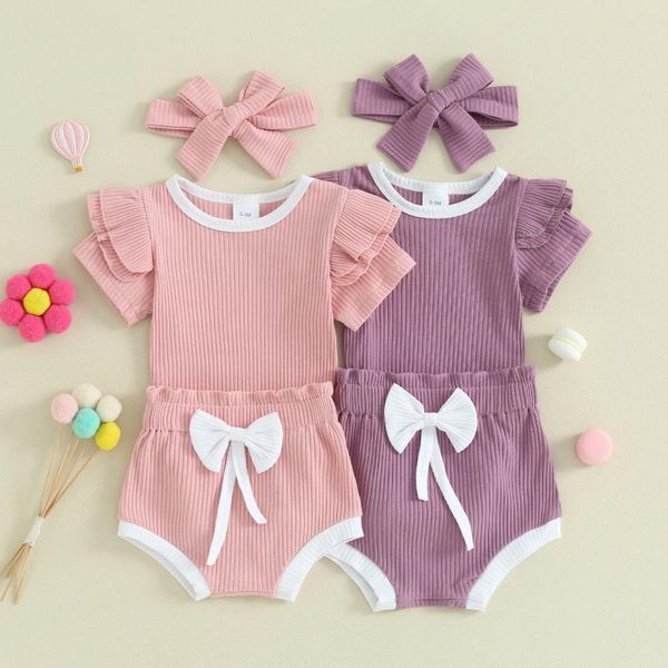 Ensembles de vêtements 0-18M Summer Born Baby Girls Vêtements Solide Volants à manches courtes Bodys Bowknot Shorts Bandeau Beach Tenues