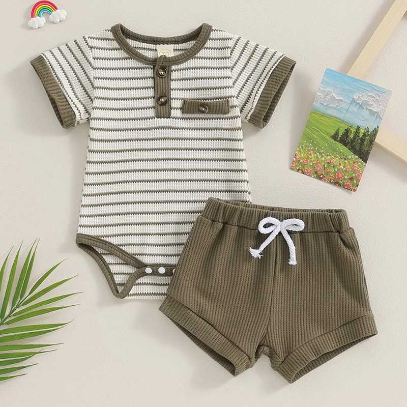 Conjuntos de roupas 0-18 meses Roupa de menino de garoto redondo pescoço de manga curta Botão listrado Romper + Surquito de cintura elástico