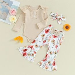 Kledingsets 0-18 maanden Babymeisje 3 stks Kleding Set Solid Color Ribbed Romper met Flower Flare Pants en Bow Headband Baby Bunin Girls Outfit