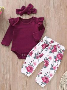 Ensembles de vêtements de 0 à 2 ans nés bébé fille printemps et automne ronde couleurs de couleur solide manches longues avec pantalon imprimé de fleurs ensemble de mode