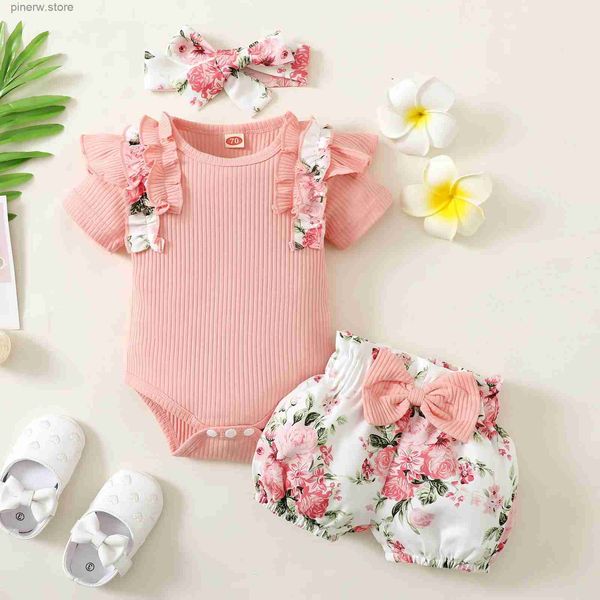 Ensembles de vêtements 0-2 ans nouveau-né bébé fille été rose col rond dentelle manches courtes avec fleurs imprimé arc shorts costume mignon