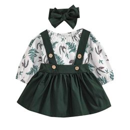 Kledingsets 0-24 maanden Baby Girl-kleren Romper verstelbare bladpatroon Romper Suspender Rok Bow-hoofdband Outfits