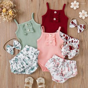 Ensembles de vêtements 0-24 mois bébé bébé filles tenues d'été belle écharpe body hauts à volants floraux tutu shorts arc cheveux 3pcs fille