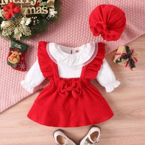 Kledingsets 0-24m Baby Girl Christmas Outfits Lace kraag Bodysuit en Suspender Rokken hoedjaar Winterkostuum