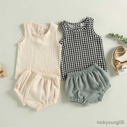 Ensembles de vêtements 0-24M bébé filles garçons été nouveau-né solide/à carreaux sans manches débardeurs et shorts en lin coton tenues décontractées Cothes