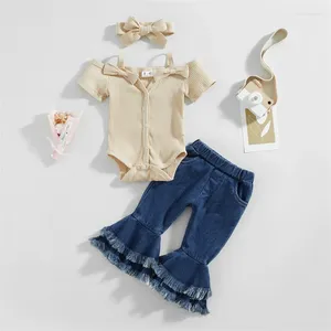 Conjuntos de ropa para niñas de 0 a 24 meses, trajes de pantalón de verano, mameluco con tirantes y lazo de manga corta, pantalones vaqueros acampanados, diadema, ropa para niños pequeños