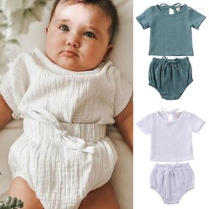 Conjuntos de ropa para bebés de 0 a 24 meses, ropa para niños y niñas de verano, Tops de lino y algodón, pantalones cortos, conjunto de trajes sólidos para niñas