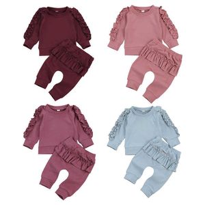 Ensembles de vêtements 0-24M nouveau-né bébé fille automne vêtements ensemble à manches longues solide coton doux haut pantalon 4 couleurs Rose rouge bleu rose rouge