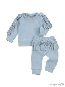 Ensembles de vêtements 0-24M nouveau-né bébé fille automne vêtements ensemble à manches longues solide coton doux haut pantalon Rose rouge bleu Rose rouge R231028